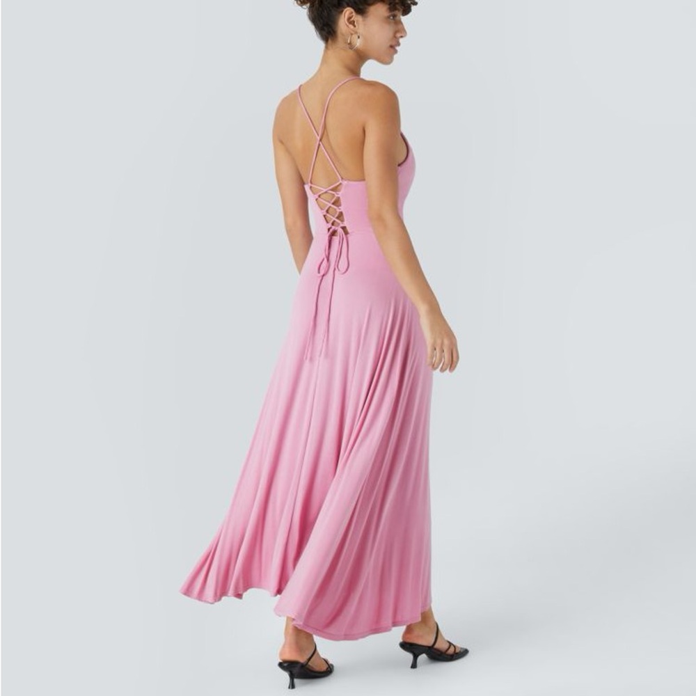 Halara Dress Pink Padded Cups Baby Pink Lace Up Back NWT